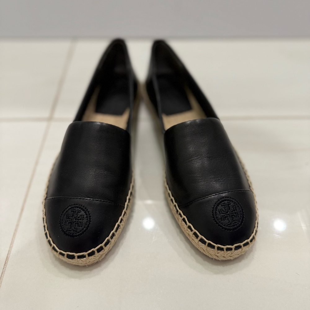 Tory Burch Black Leather Espadrilles Slip-On